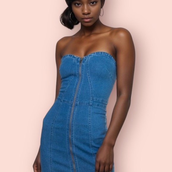 Strapless Mini Blue Denim Dress NWT - Picture 7 of 8